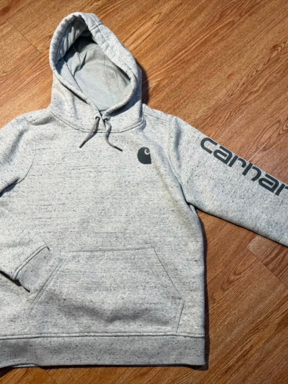 Women’s Carhartt Light Gray Speckled Pullover Hoodie with Logo Sleeve